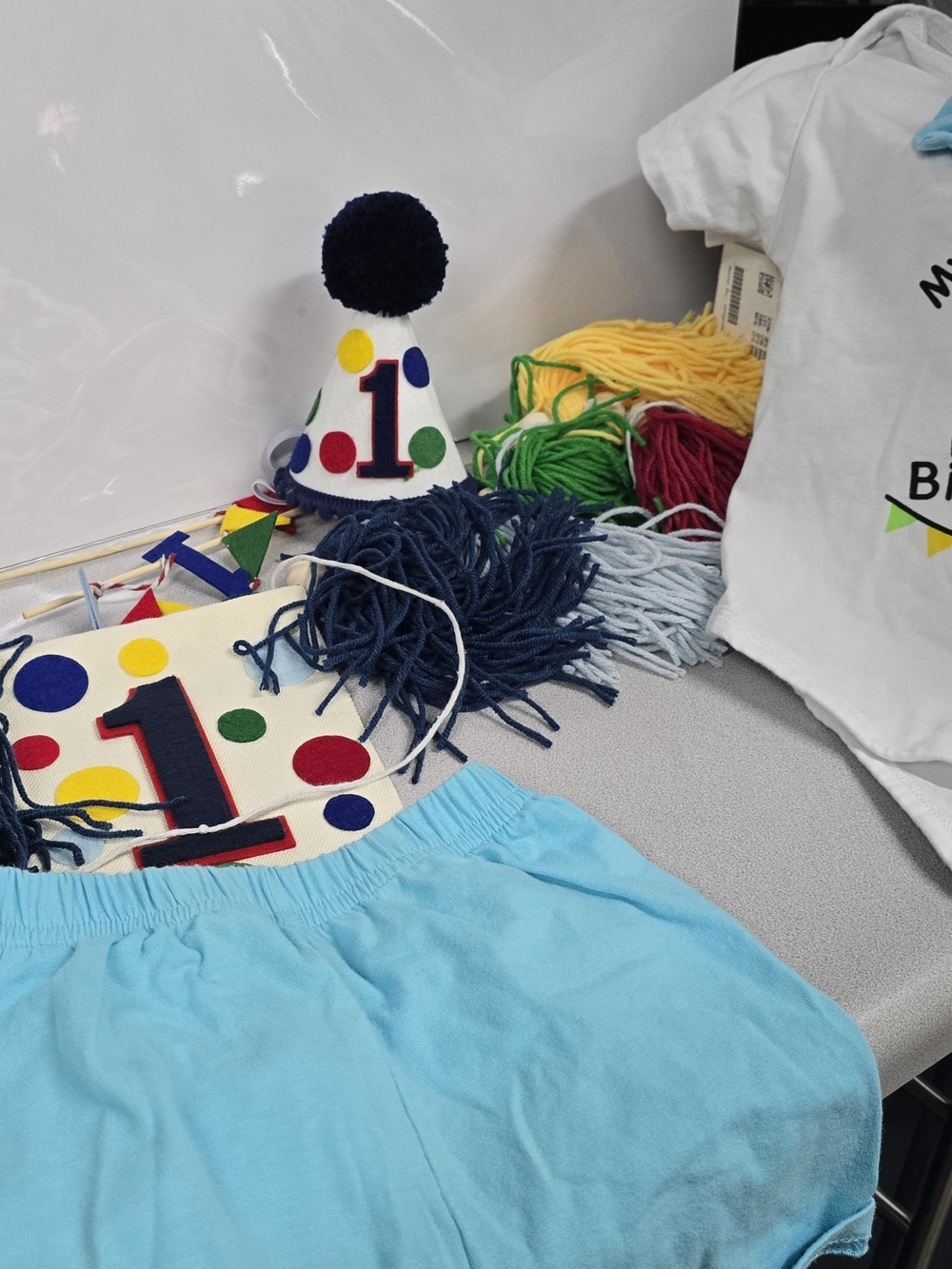First Birthday Party Set - Blue Shorts & Polka Dot Hat